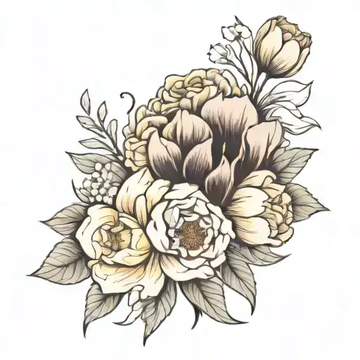 a flower bouquet with a carnation flower and a daffodil and a  peony with a bow tattoo design idea