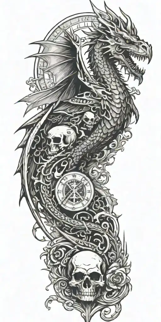 a sword and crown; large badass dragon. gothic castle, a raven perched on a skull, the tarot card "the reader",  tattoo design idea
