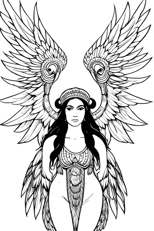 Phoenix bird Aries African American Chickasaw Indian woman, full body with wings and long feathers  tattoo design idea