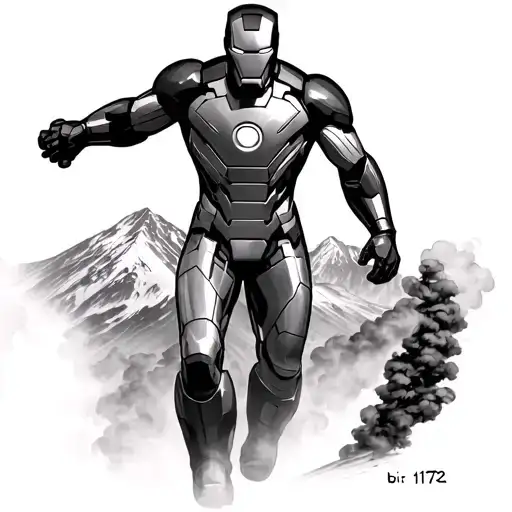 “Iron Man ascending in black & grey, smoke below feet, Alps in background, bib 1172 on arm, vertical tattoo for left shi tattoo design idea