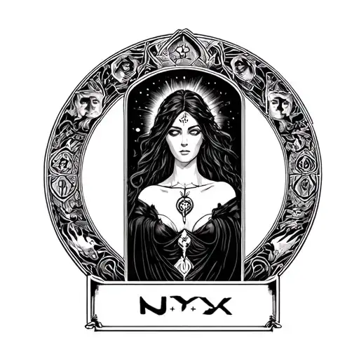 nyx goddess of night, tarot card style, women in center, name in bold tattoo design idea