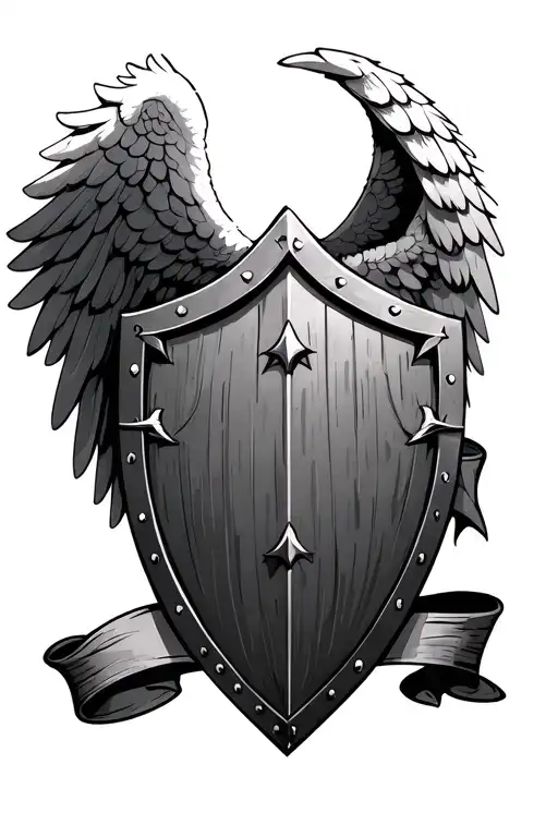 medieval shield with a angel wing covering the left sideof the shield tattoo design idea