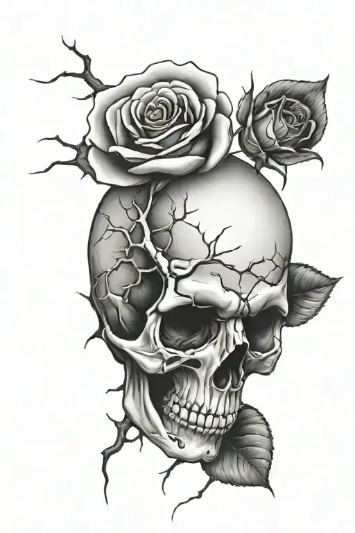 cracked skull and rose tattoo design idea