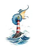 giant nautilus attacking a lighthouse big waves tattoo design idea