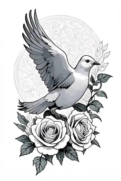 dove flying with roses intertwined tattoo design idea