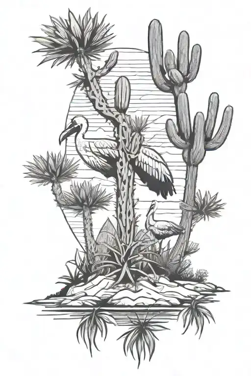 superstition mountains, saguro cactus, florida, arizona palm tree pelican tattoo design idea