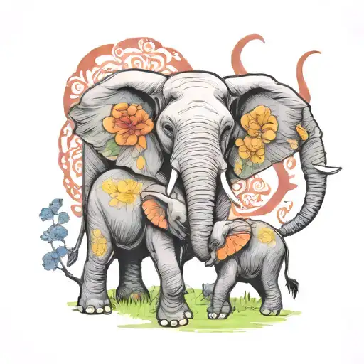 mom elephant with 2 elephant calfs loving each other tattoo design idea