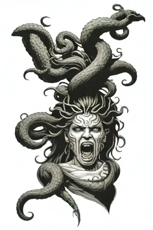 angry medusa woman, close-up tattoo design idea