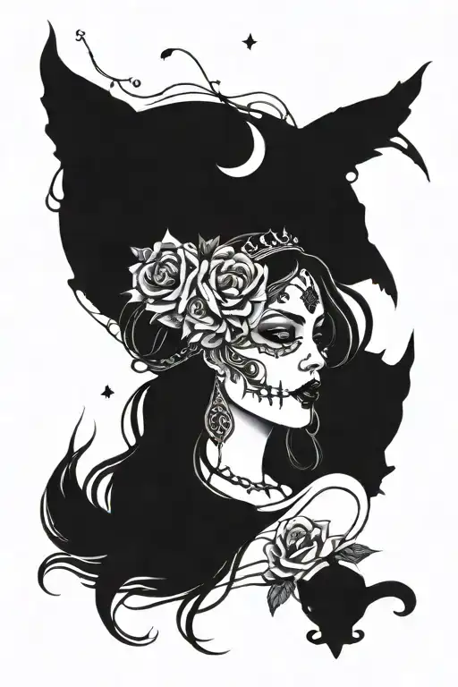 Gothic woman face with cat skull crown, roses framing, crescent moon, "Strength" text in banner, flowing hair tattoo design idea