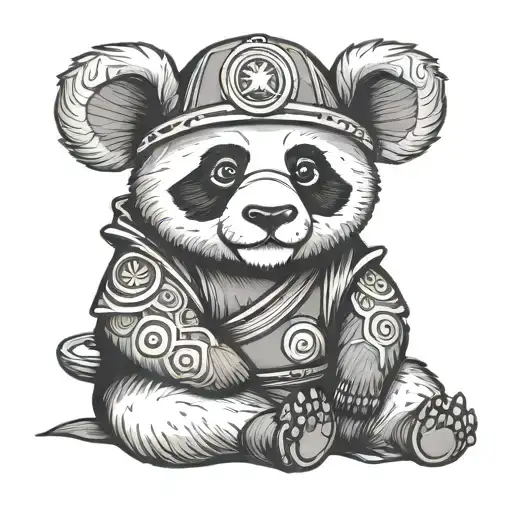 cute japanese panda wearing samurai hat on his head sitting peacefully looking to the right tattoo design idea