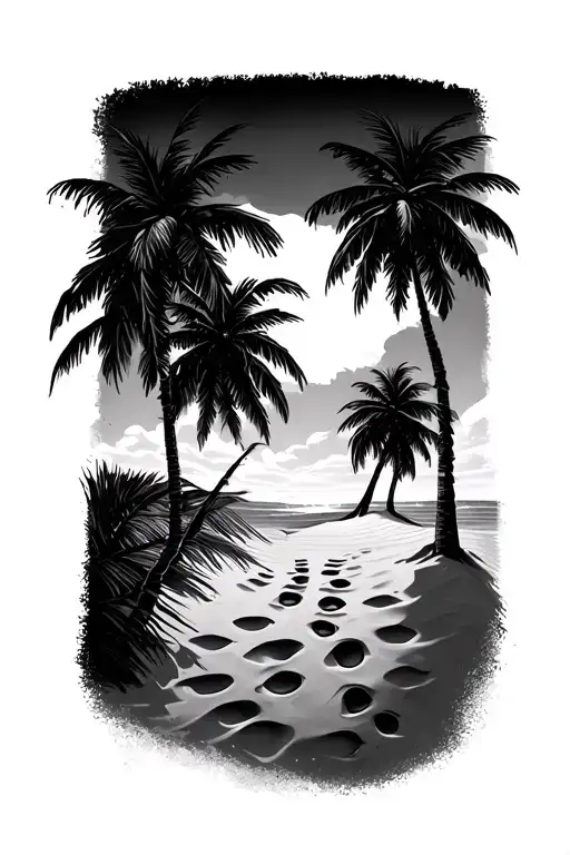 sand with footprints and palm trees tattoo design idea