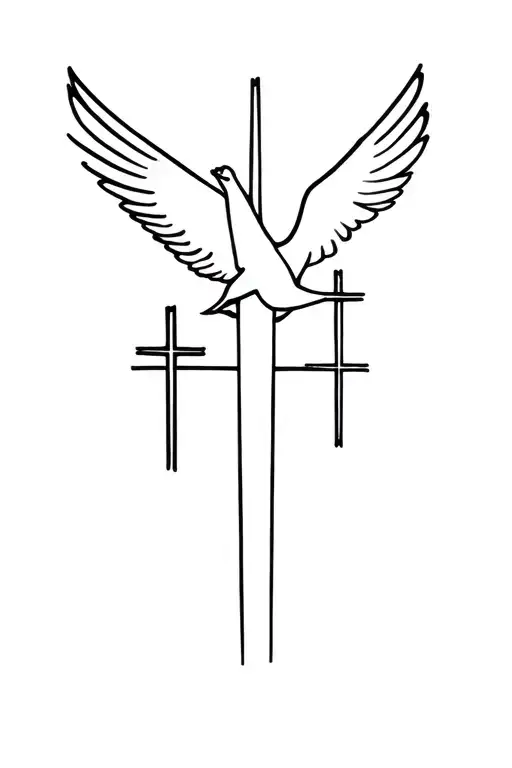 Dove flying away with three sharp crosses shining behind the dove tattoo design idea