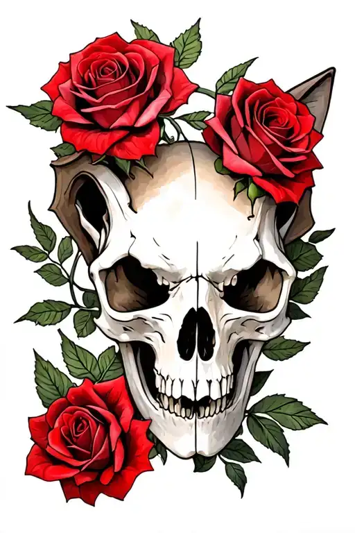 jackal skull with 3 red roses intertwined tattoo design idea