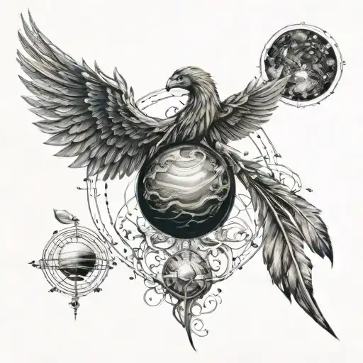 phoenix, with solar system and DNA fine lines behind it tattoo design idea