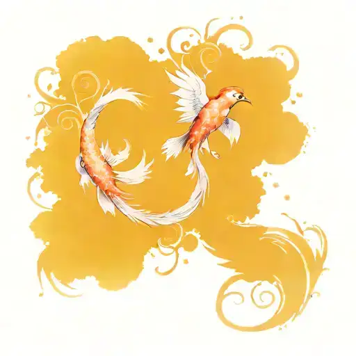 asiatisch, phoenix, koi, blumen, watercolor, tribal, coverup tattoo design idea