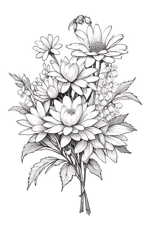 chrysanthemum larkspur waterlilly primrose and lilly of the valley bouquet tattoo design idea