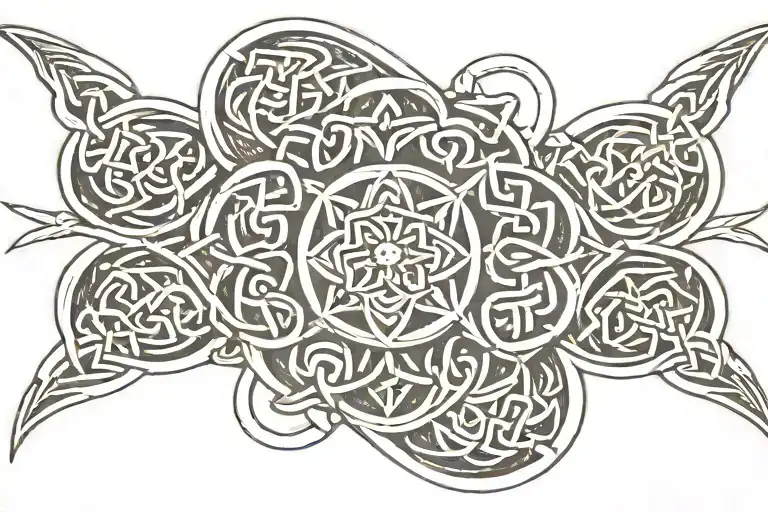 I want a Celtic knot armband tattoo including four leaf clover, Shri yantra, zodiac sign virgo, number 7, lotus flower tattoo design idea