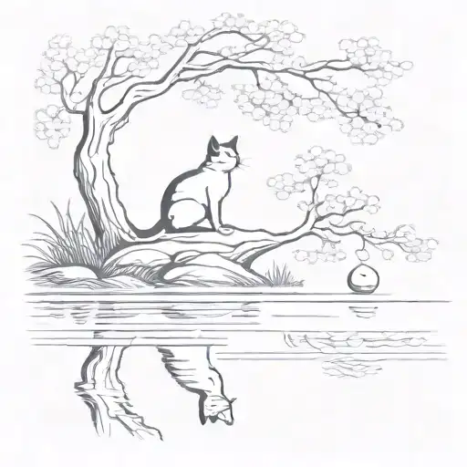 pond with a cherry blossom tree and cat reaching into water to catch fish  tattoo design idea