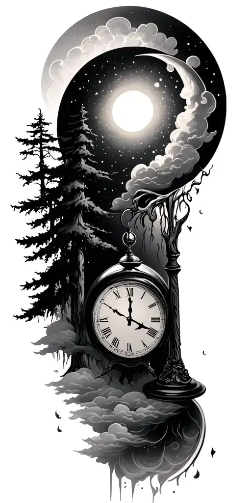 clouds trees sun moon $ clocks hour glassall grey washed tattoo design idea
