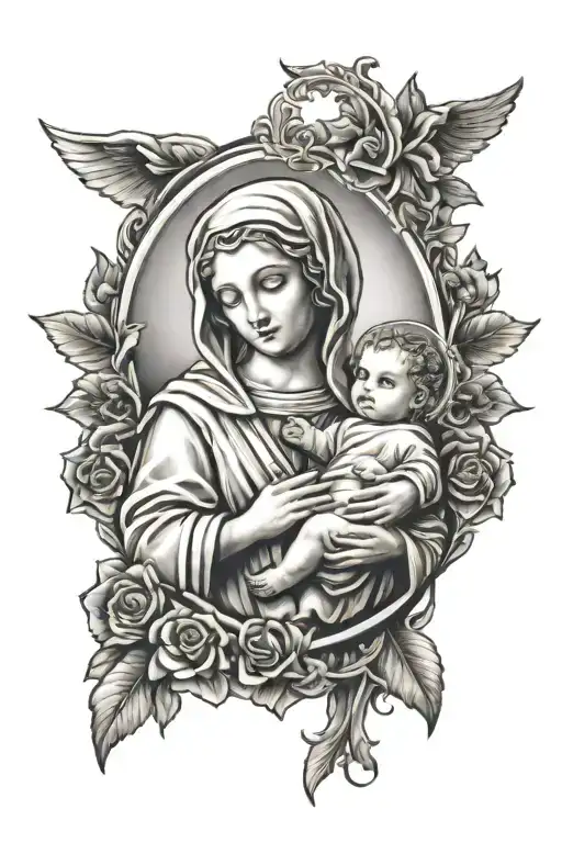 mary holding baby jesus christ tattoo design idea