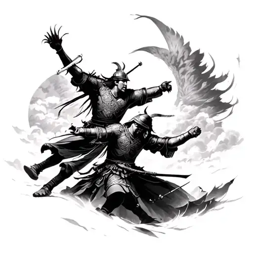 pagoda with Mongolian warriors fighting each other tattoo design idea