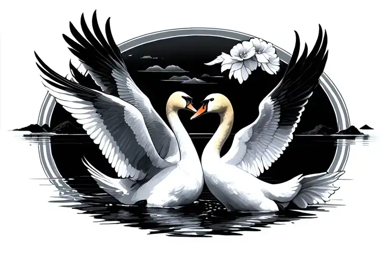 two swans flying towards each other  tattoo design idea