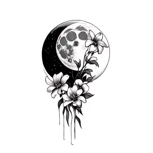 There is a big moon in the middle, and there are 7 ordered moonflowers on it. inst neo-tribalism and Cybersigilism style tattoo design idea