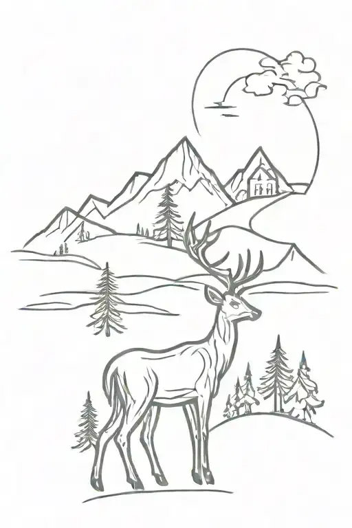 deer, mama bear, trees, sunset, mountains inside tattoo design idea