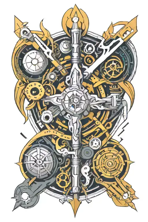 A creative tattoo design combination of tools of gold smithing, the tools must be twisted around each other. Colorful. tattoo design idea