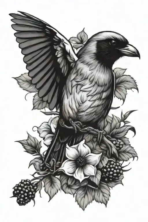 butcher bird hanging onto flowers and blackberry vines tattoo design idea