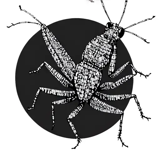 Line art tattoo of a grasshopper silhouette, made entirely from binary code (ones and zeros). The lines of the grasshopp tattoo design idea