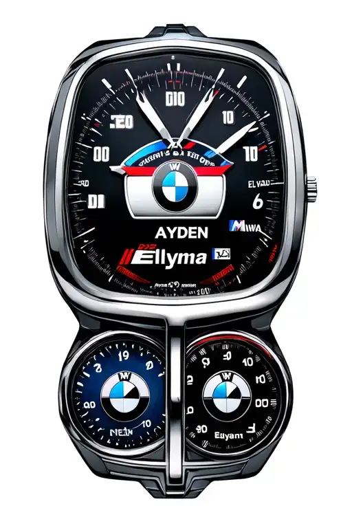 BMW M Letter speed counter with the first name Ayden and Élyana on the dial tattoo design idea