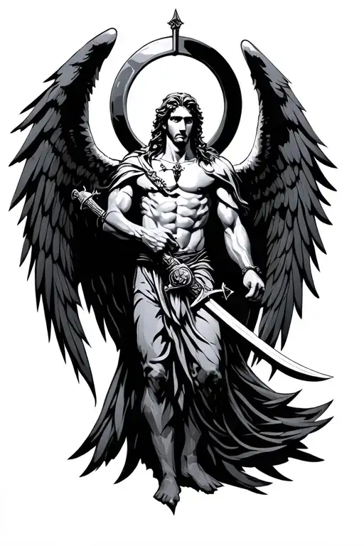 arc angel michael with wings and sword surrounded tattoo design idea