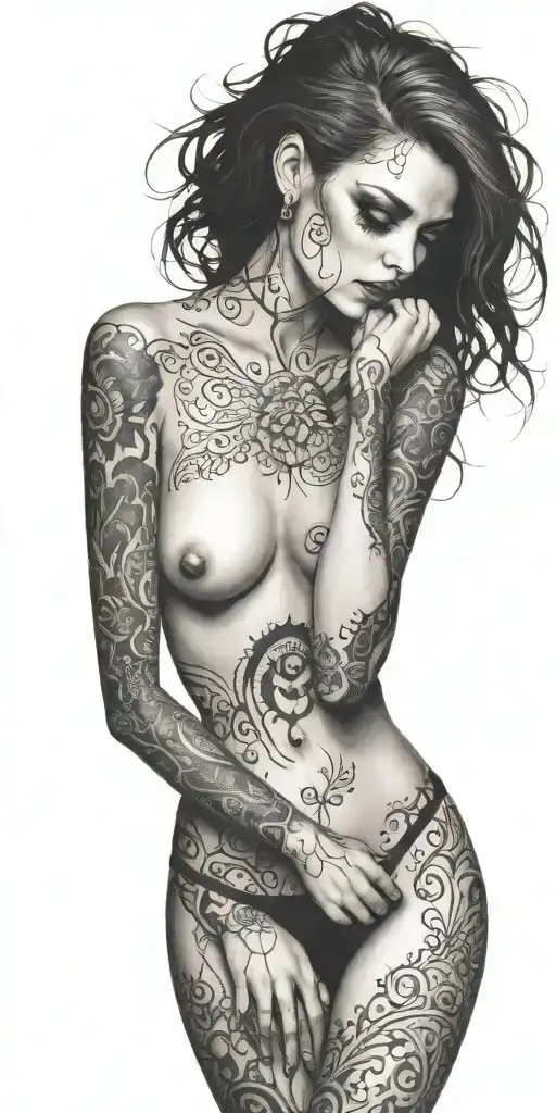darkly alluring full nude goth girl rocking out tattoo design idea
