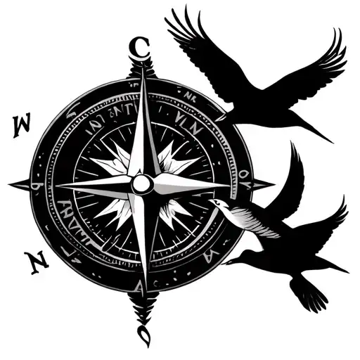 compass with a wahoo swimming around it and frigate birds flying tattoo design idea