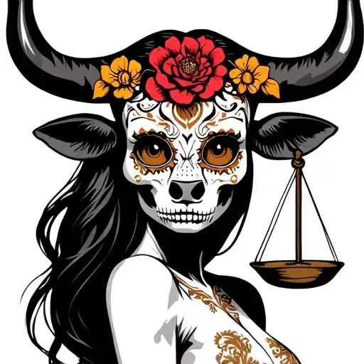woman body bull with sugar skull markings, brown eyes and two Libra scales with extra dark background tattoo design idea
