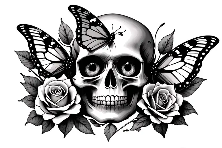 skull with butterfly over one eye, with rose next to it. girly tattoo design idea