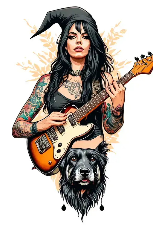 A leftist witchy punk rock female guitarist with black long hair a tattoo of their black headed dog on their arm tattoo design idea