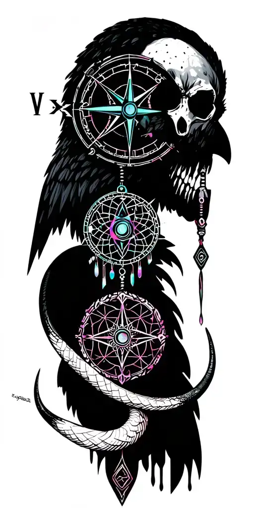 Metal, Southwest, Cactus, Dead Roses, Compass, Dreamcatcher, Cybernetic Snake, Longhorn skull, Raven tattoo design idea