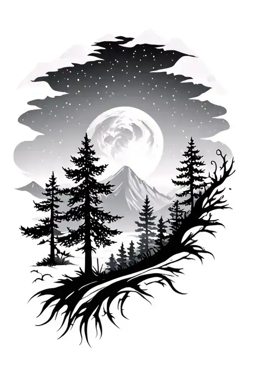 forest with tribal designs and night sky filled with stars tattoo design idea