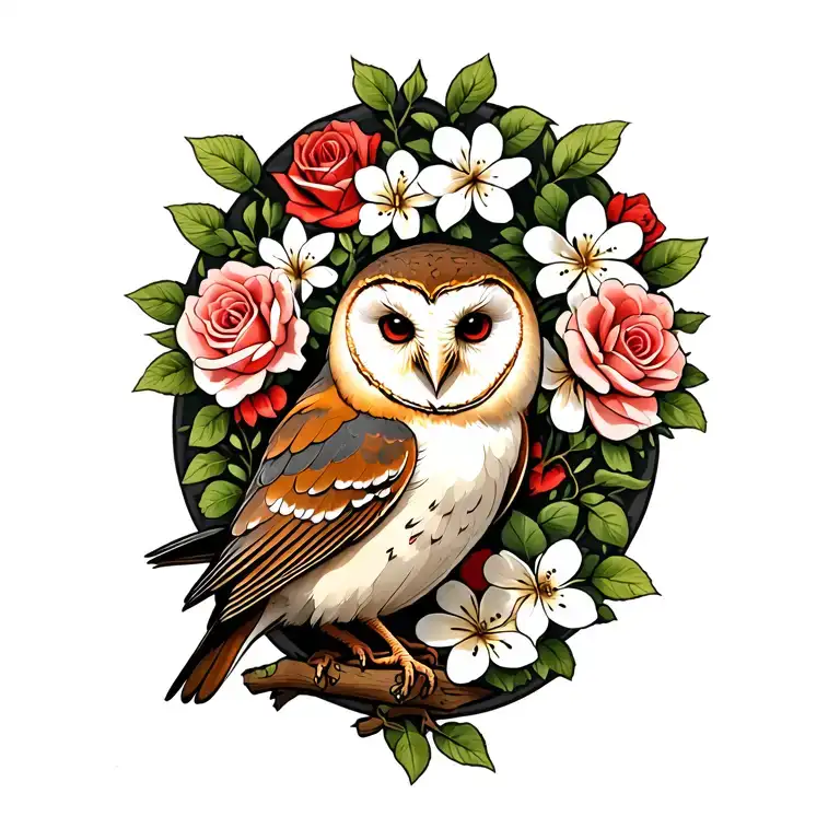 Barn Owl with Roses and White Jasmine Flowers around it with a Robin Bird  tattoo design idea