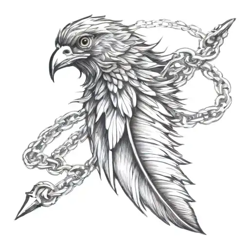 rugged feather with chain ripping thru it no bird  tattoo design idea