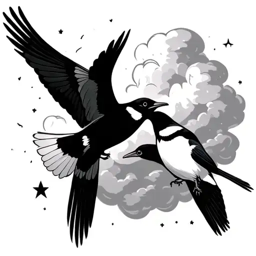 2 magpies flying towards eachother with a cloud background and stars also in the background tattoo design idea