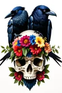 2 crows standing on a skull holding flowers in its mouth tattoo design idea
