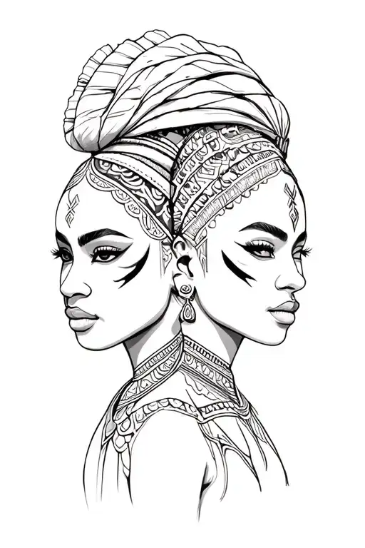 two beautiful African women faces war paint warriors tattoo design idea