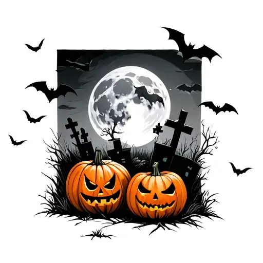 graveyard with evil pumpkins with a full moon in the background with bats  tattoo design idea