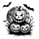 graveyard with evil pumpkins with a full moon in the background with bats  tattoo design idea