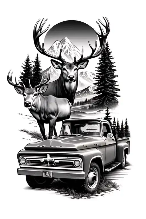 old ford truck with a big whitetail buck and a big mule deer buck and some mountain a forest and a fly fisherman  tattoo design idea