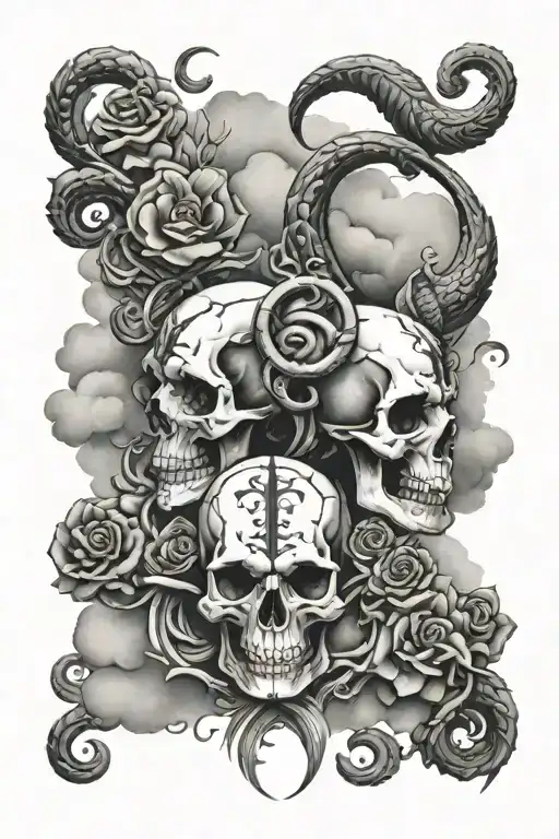 skulls clouds with Capricorn zodiac signs intertwined tattoo design idea