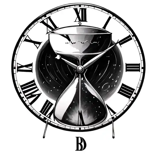 hour glass almost full back and background a clock and the time 18:31 tattoo design idea